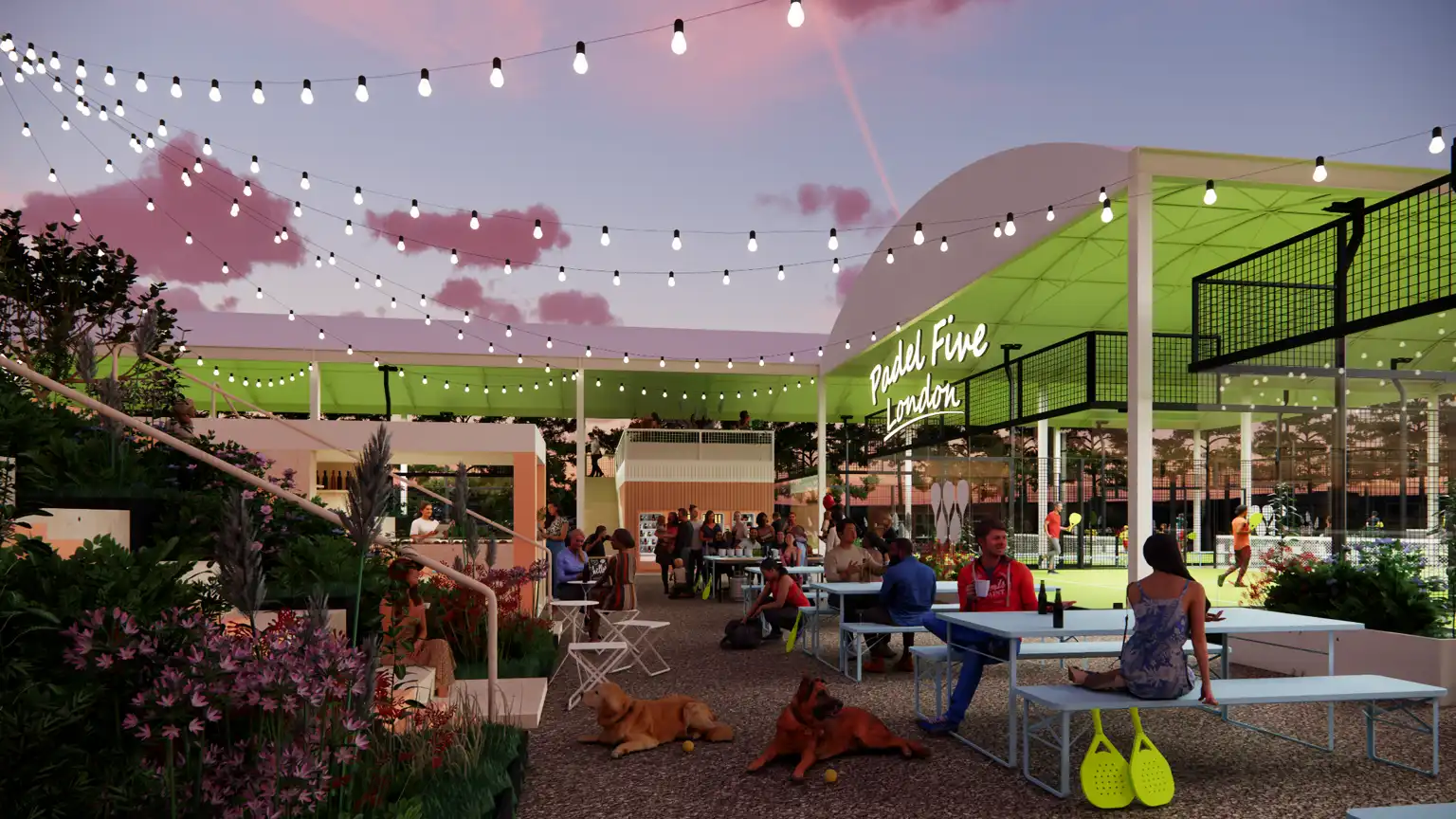 Concept visualisation of covered padel courts, planting and people enjoying the site