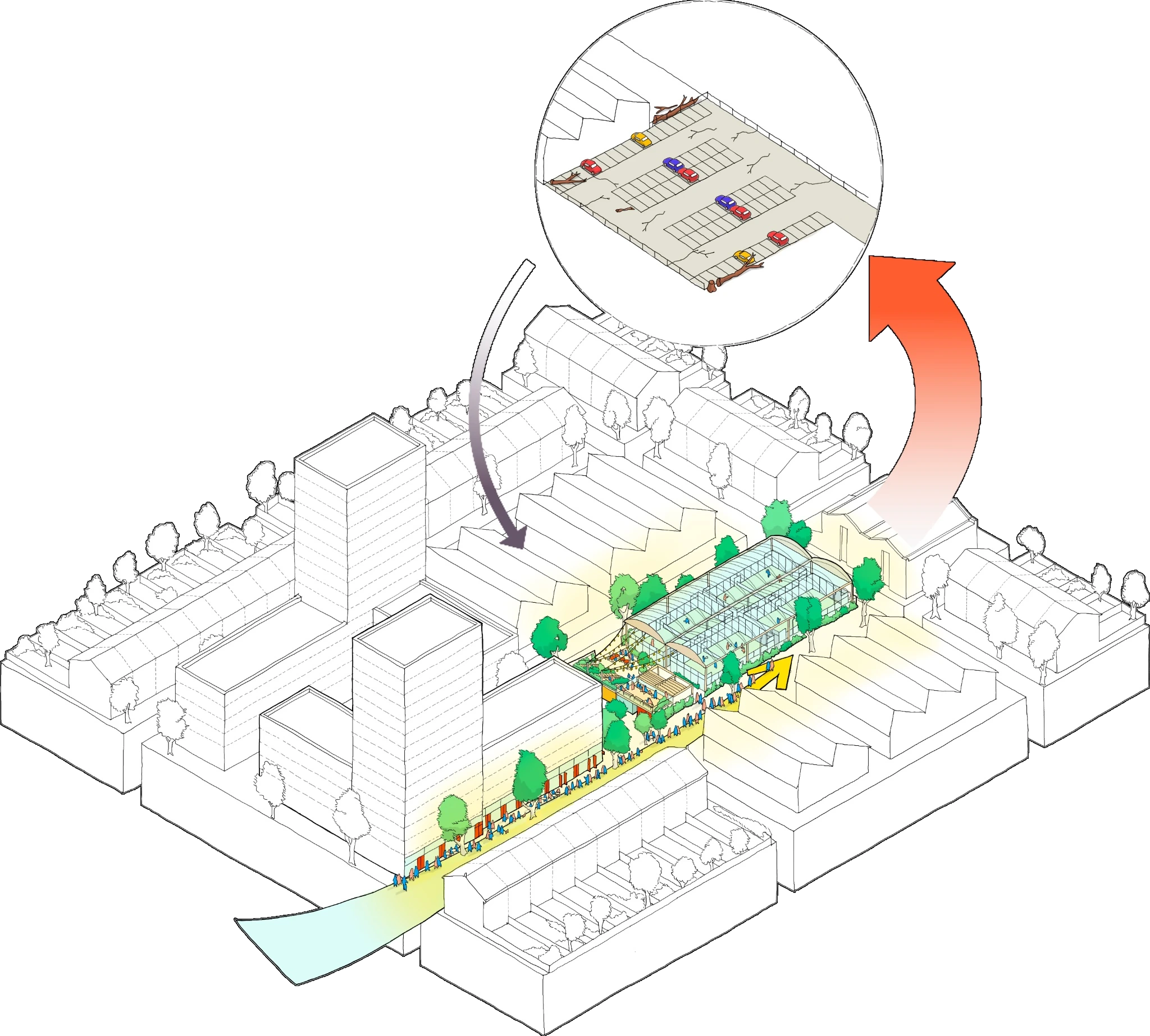 Axonometric illustration showing an underused car park and a Padel Five club bringing activity to the surrounding neighbourhood